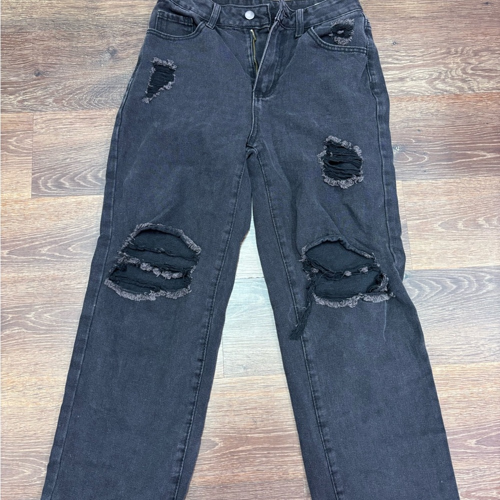 American Eagle Outfitters Black Distressed Straight Leg Jeans
